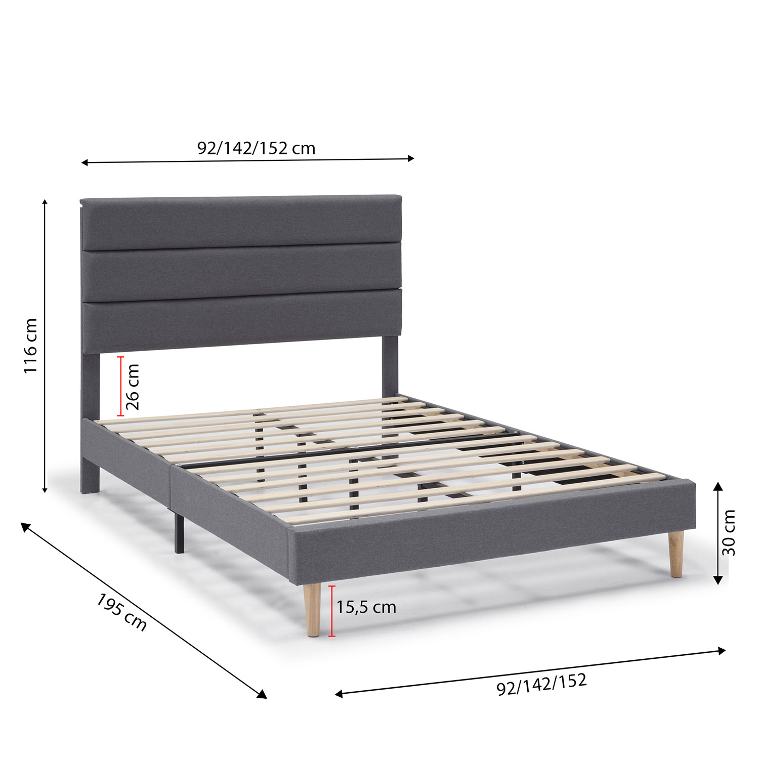 Estructura de cama tapizada gris con cabecero y base de listones. Se indican las dimensiones.