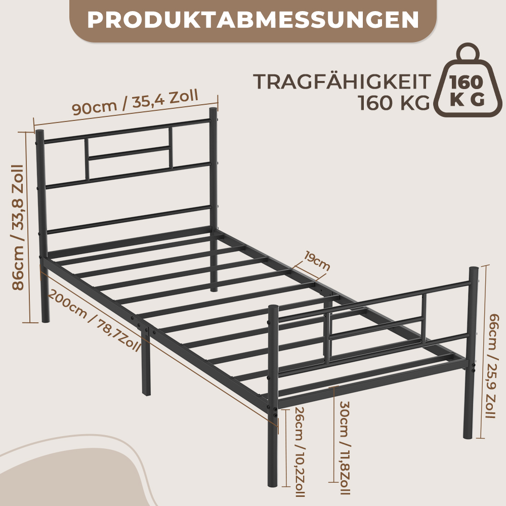 Ein schwarzer Metallbettrahmen mit Maßen und Tragfähigkeit.