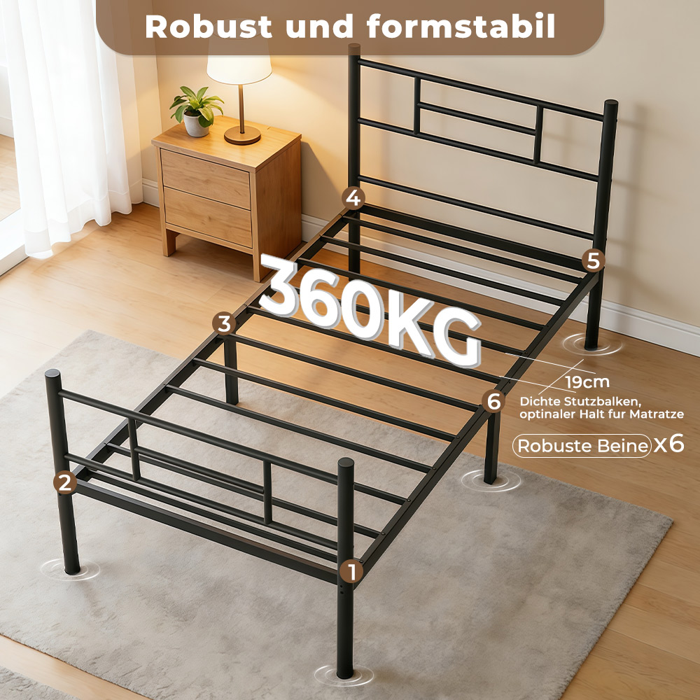 Schwarzer Metallbettrahmen mit 360KG Kapazität und 6 robusten Beinen.