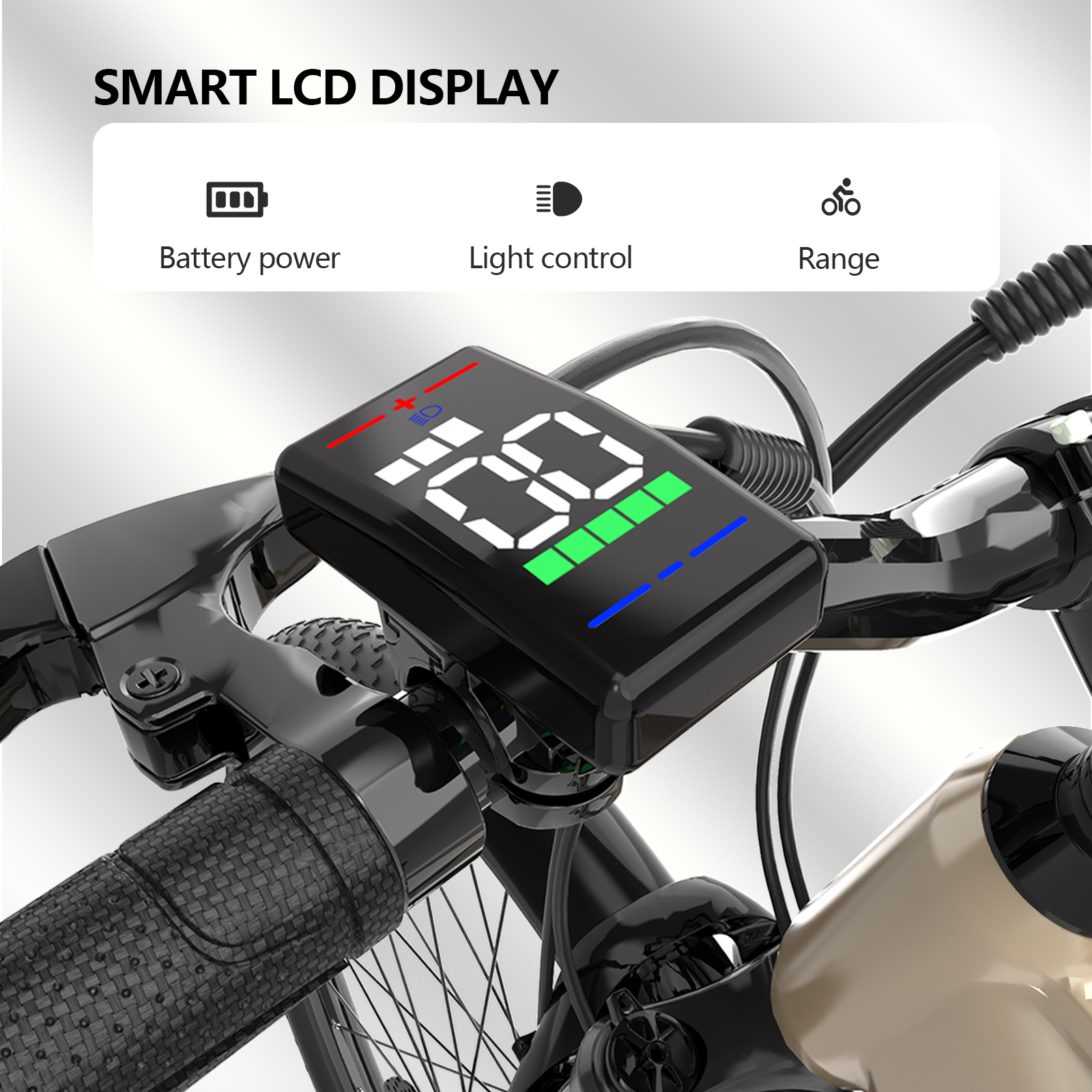 Zbliżenie inteligentnego wyświetlacza LCD roweru elektrycznego pokazującego prędkość i baterię.