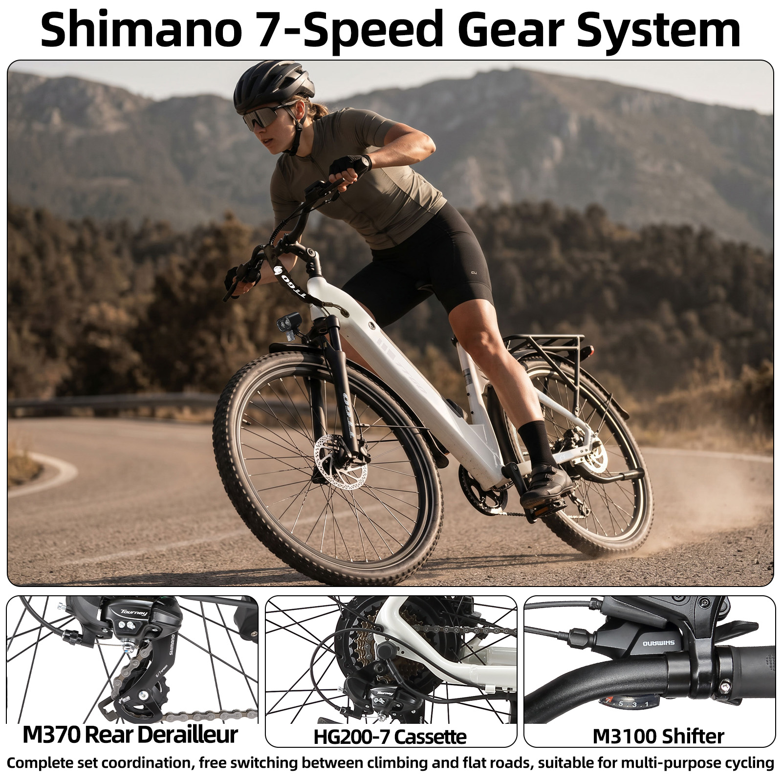 Kobieta jedzie białym rowerem z 7-biegowym systemem Shimano po górskiej drodze.