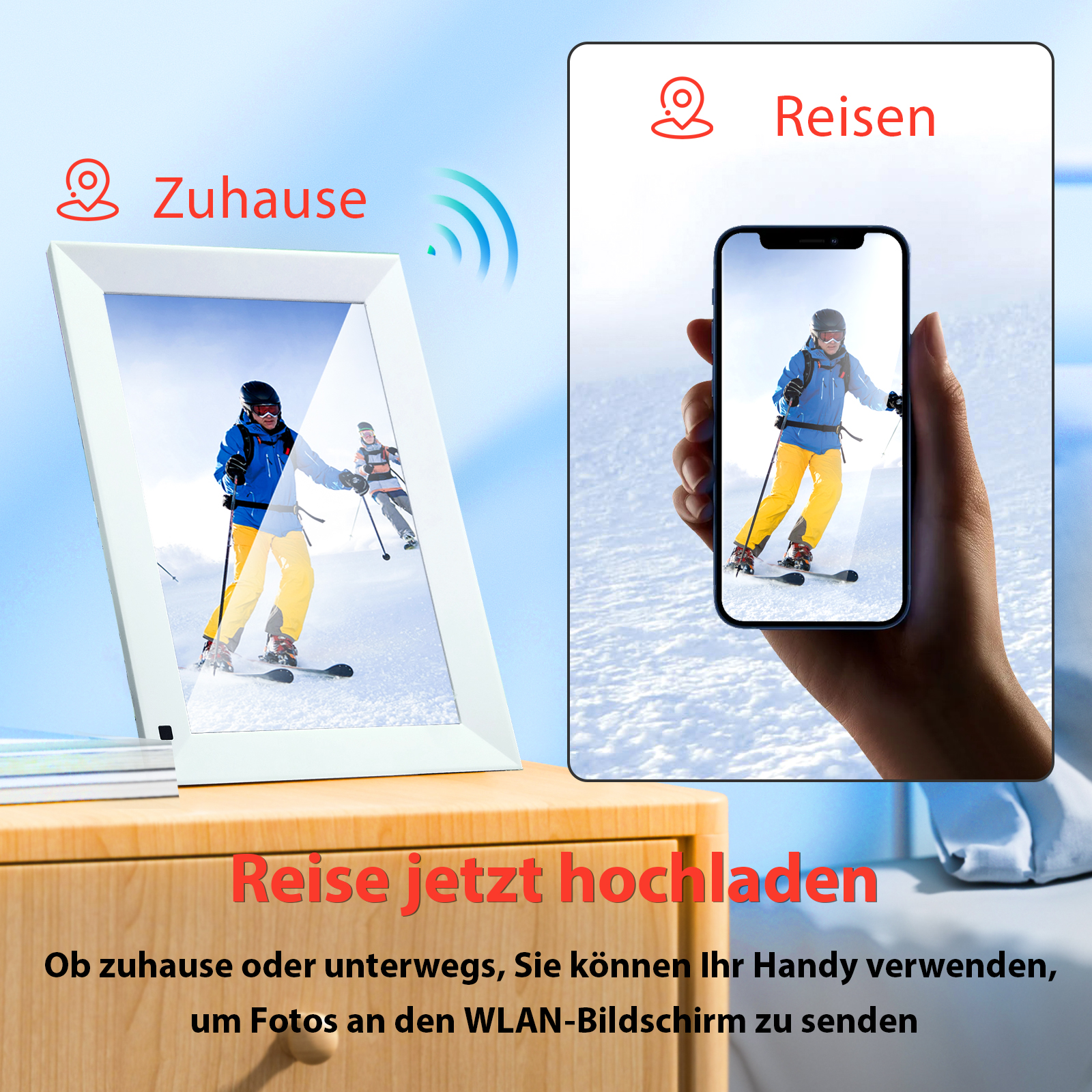 Digitale Bilderrahmen zeigt Skifahrer, daneben Handy mit Skifahrer.