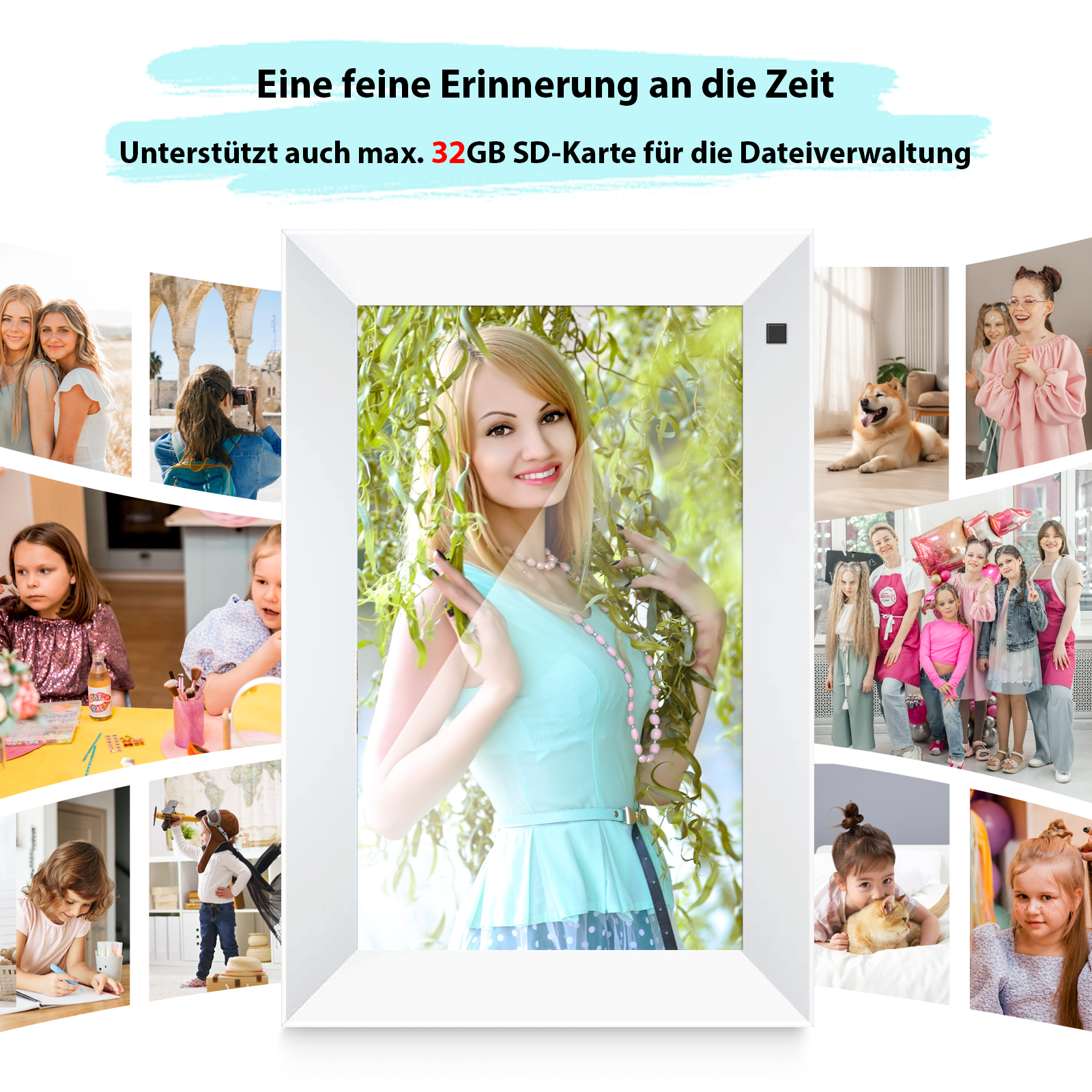 Collage mit Fotos: Frau im Sommerkleid, Kinder, Hund, Gruppe von Mädchen.