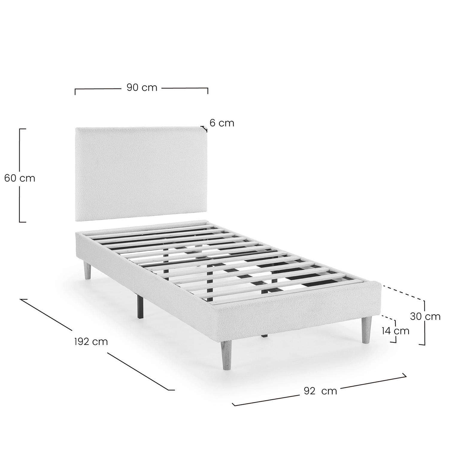 Una base de cama gris claro con cabecero y patas, con medidas.