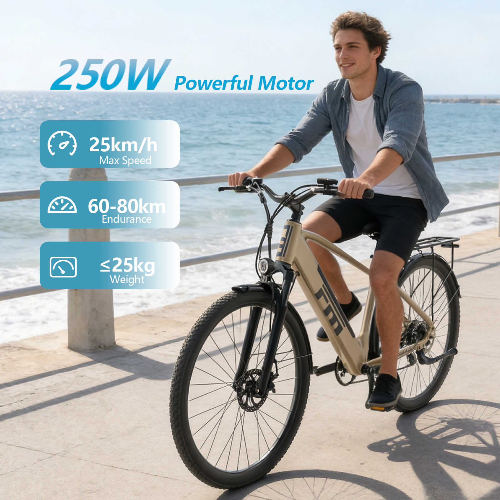 Ein Mann fährt ein E-Bike am Meer. Spezifikationen sind auf dem Bild.