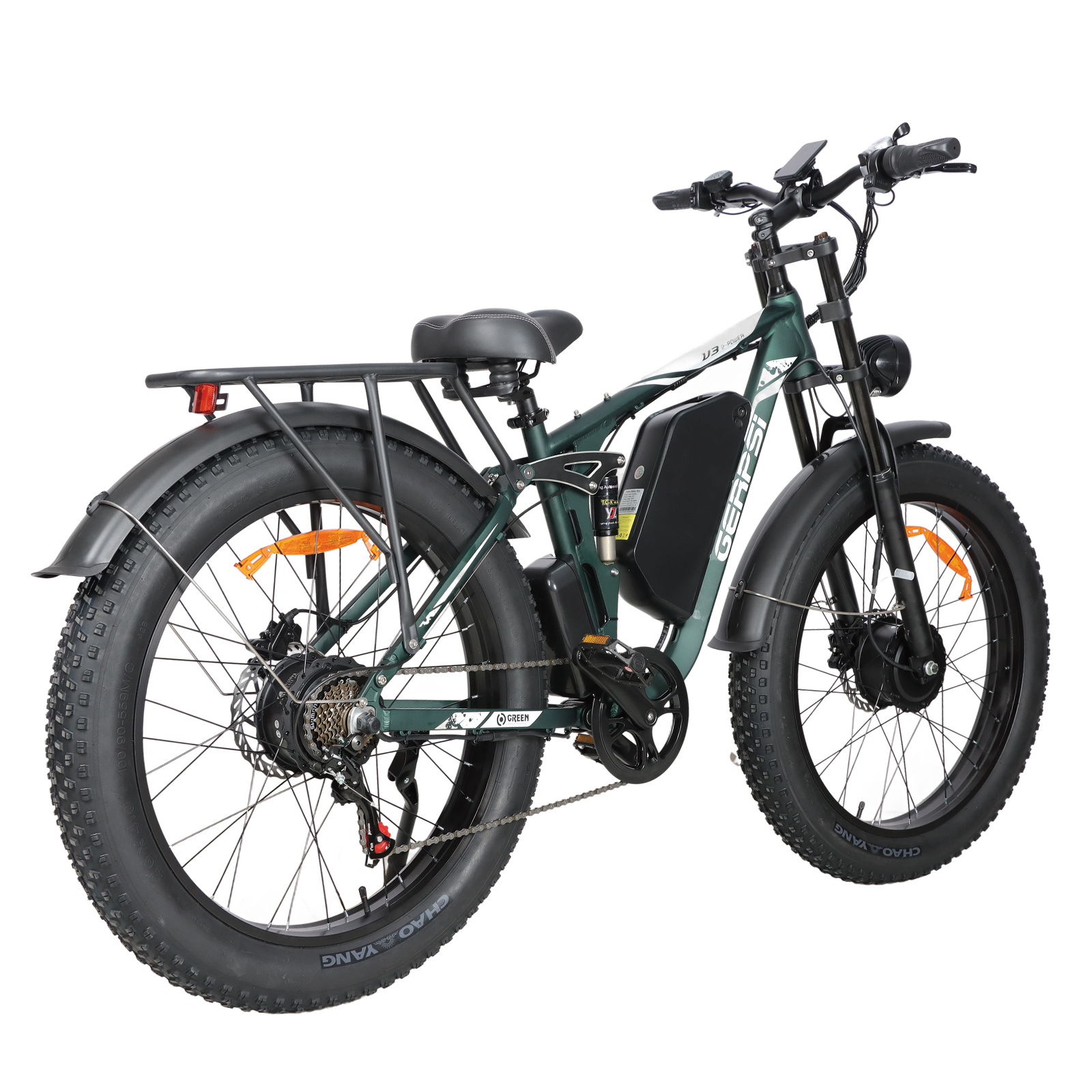 Ciemnozielony rower elektryczny z grubymi oponami, bagażnikiem, światłem i czarną baterią.