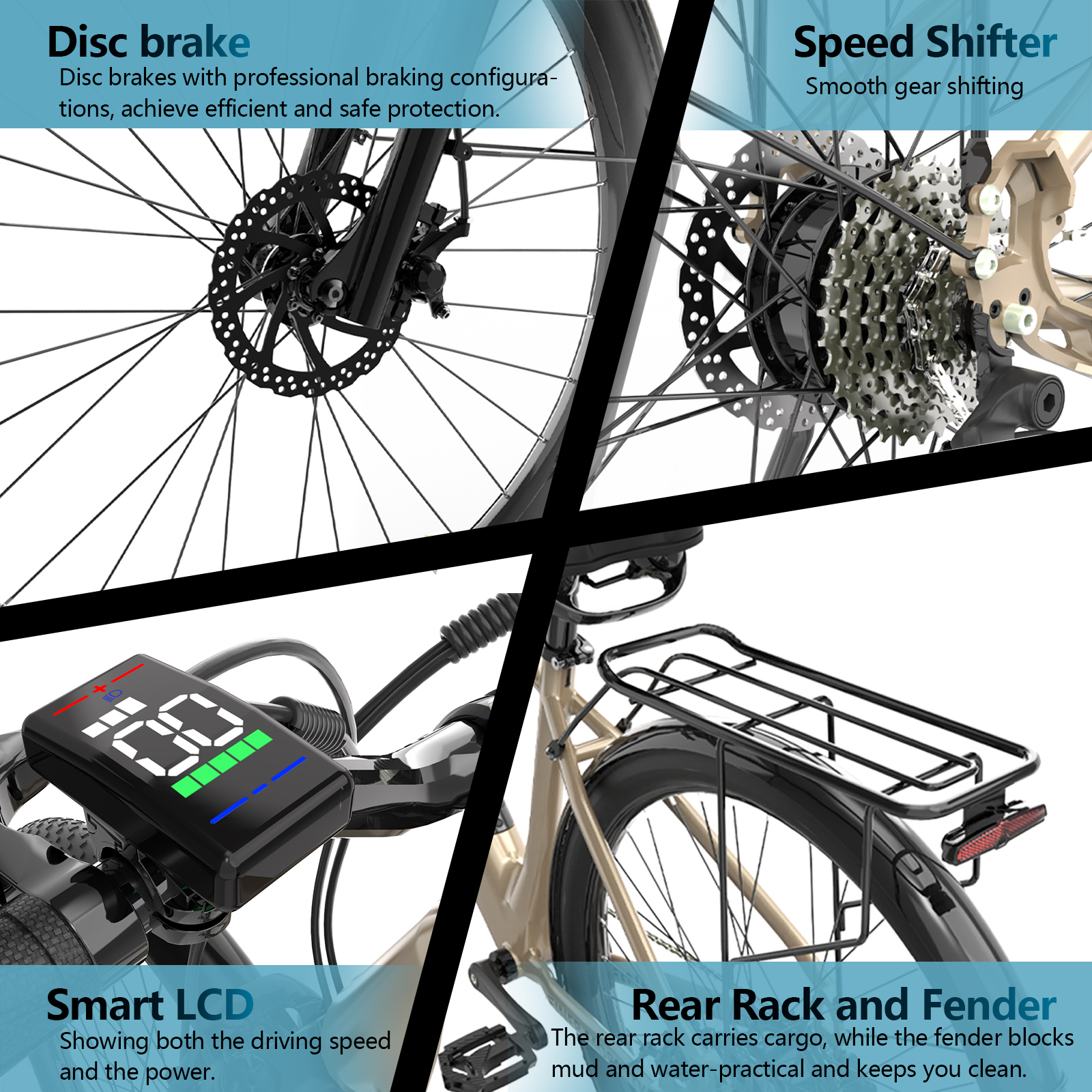 Fahrrad-Details: Scheibenbremse, Schalthebel, LCD, Gepäckträger mit Schutzblech.