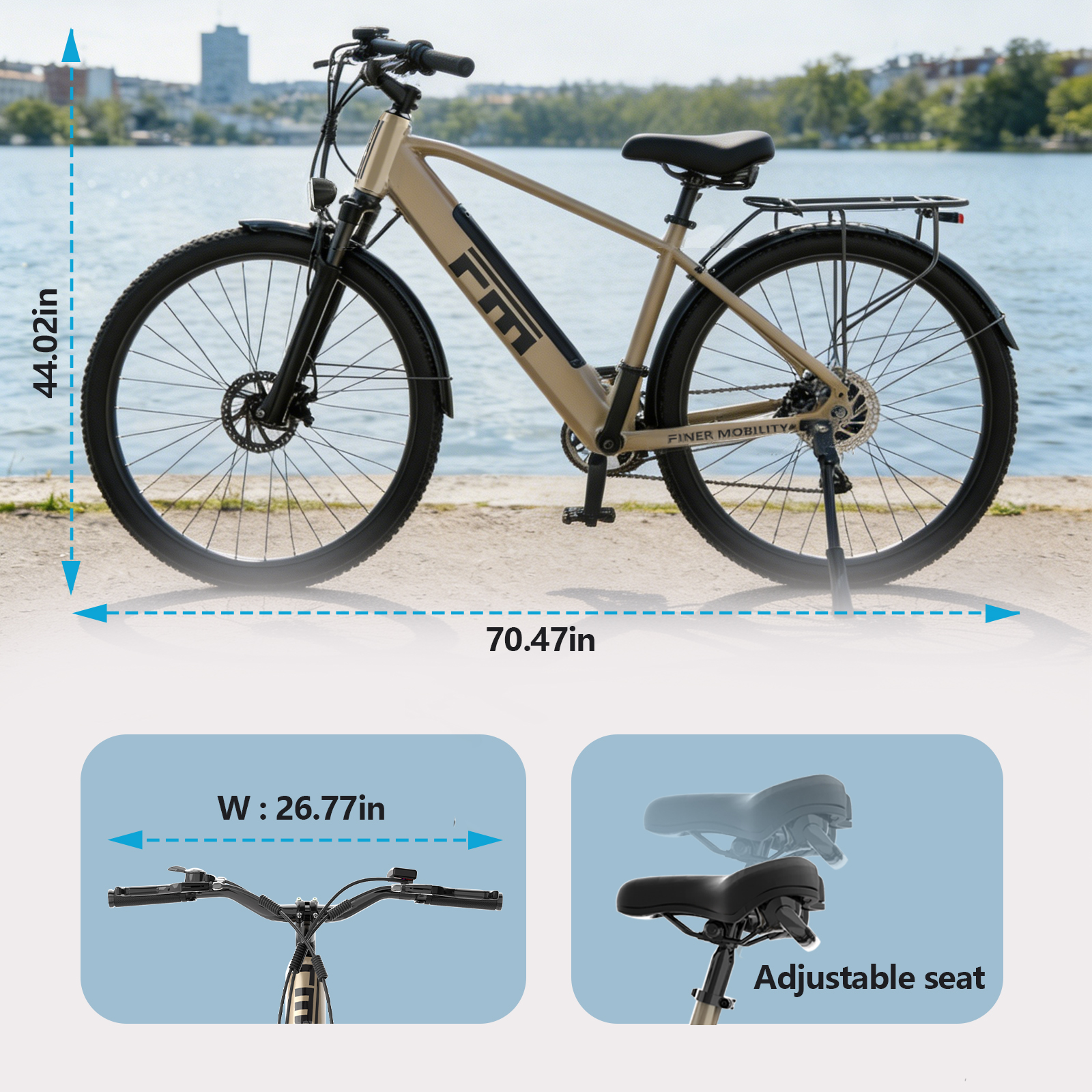 Ein beigefarbenes E-Bike mit schwarzen Details steht am Ufer eines Sees.