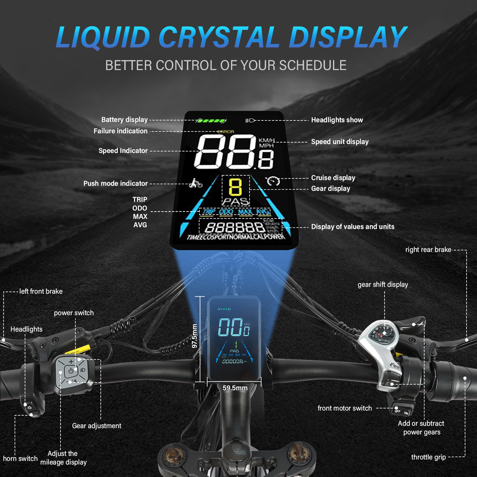 Kierownica roweru z cyfrowym wyświetlaczem pokazującym prędkość, baterię i biegi.