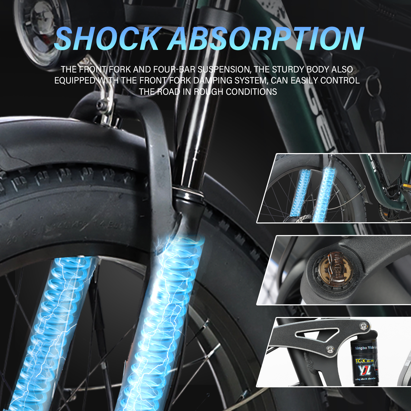 Widelec rowerowy z niebieskimi, elektrycznymi amortyzatorami i tekstem.