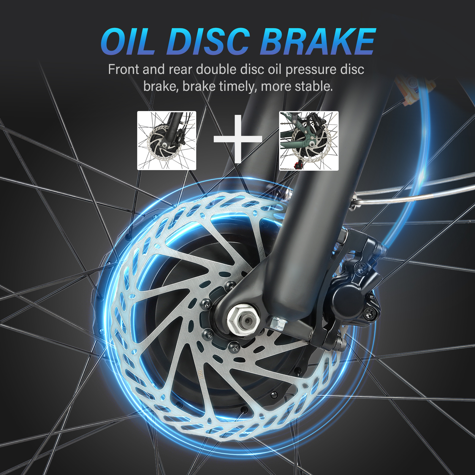 Zbliżenie hamulca tarczowego roweru z niebieskimi efektami świetlnymi.