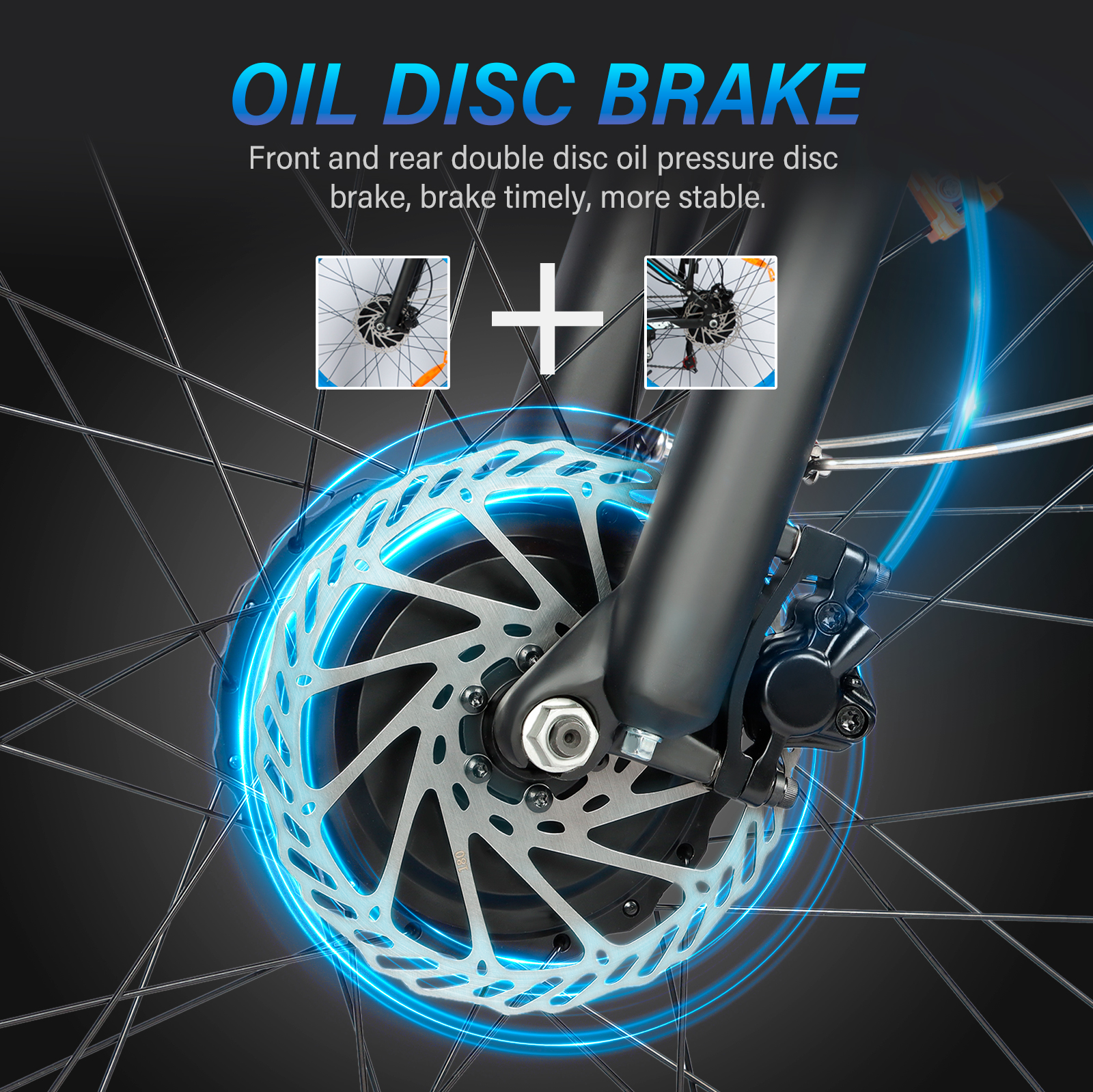 Hamulec tarczowy roweru z niebieską poświatą, widoki przodu i tyłu.