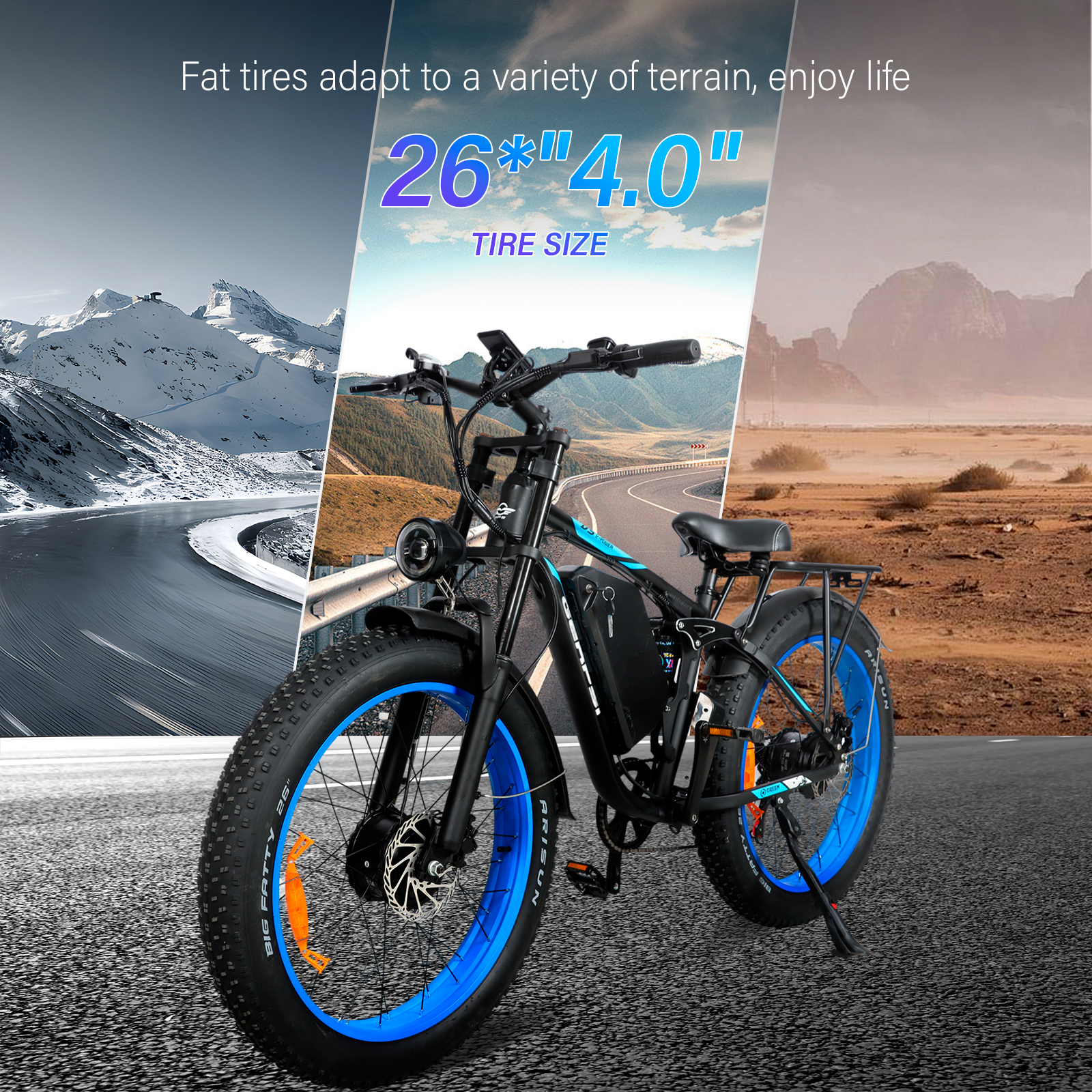 Czarny rower elektryczny z grubymi oponami i niebieskimi obręczami na tle krajobrazów.