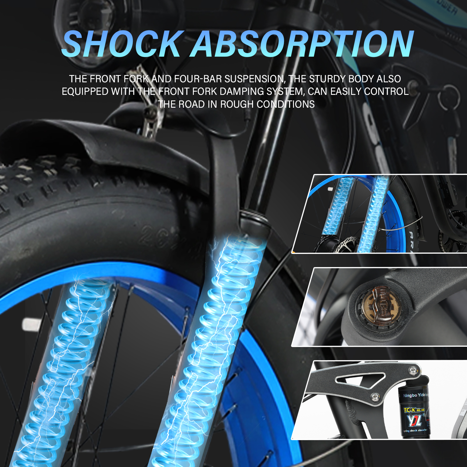 Przedni widelec roweru z niebieskimi amortyzatorami i tekstem o amortyzacji.