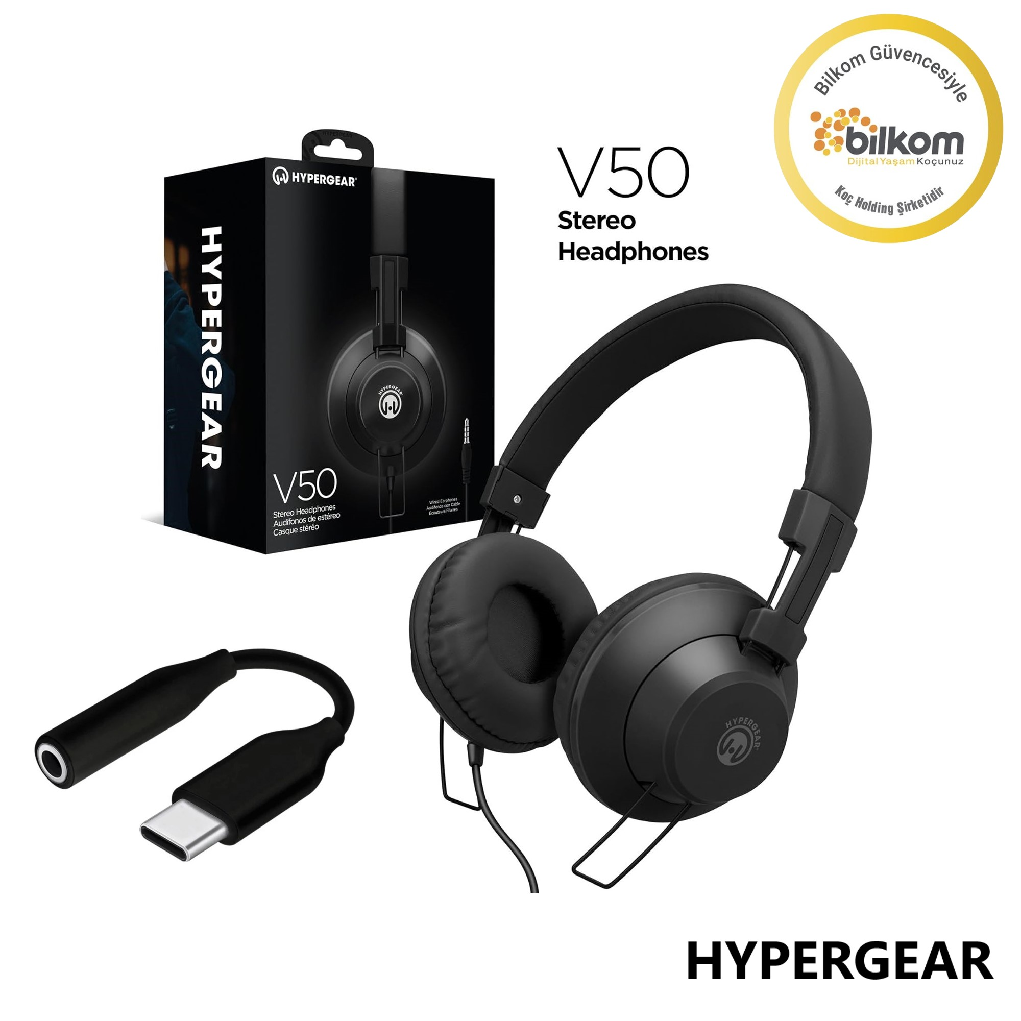 Siyah Hypergear stereo kulaklık, kablolu ve USB-C adaptörlü.