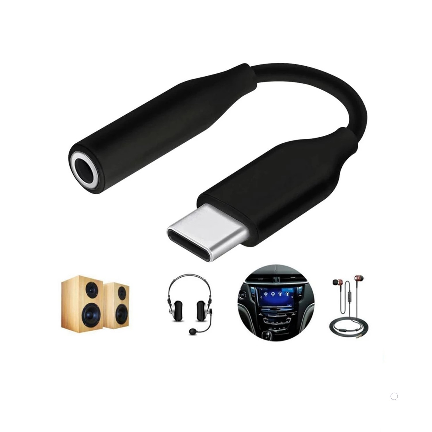 Hoparlörler, kulaklıklar ve araba bilgi-eğlence sistemiyle gösterilen siyah USB-C - 3,5 mm adaptör.