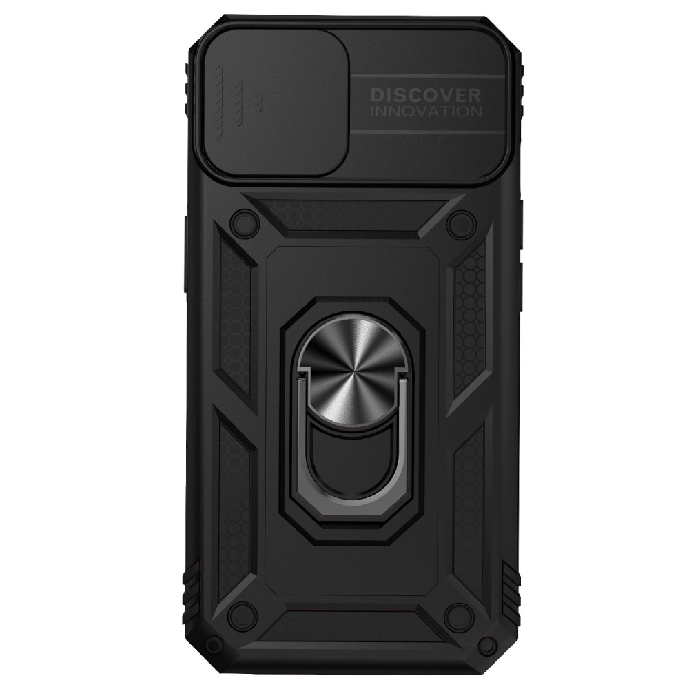 Coque de téléphone noire avec support anneau et cache caméra coulissant.