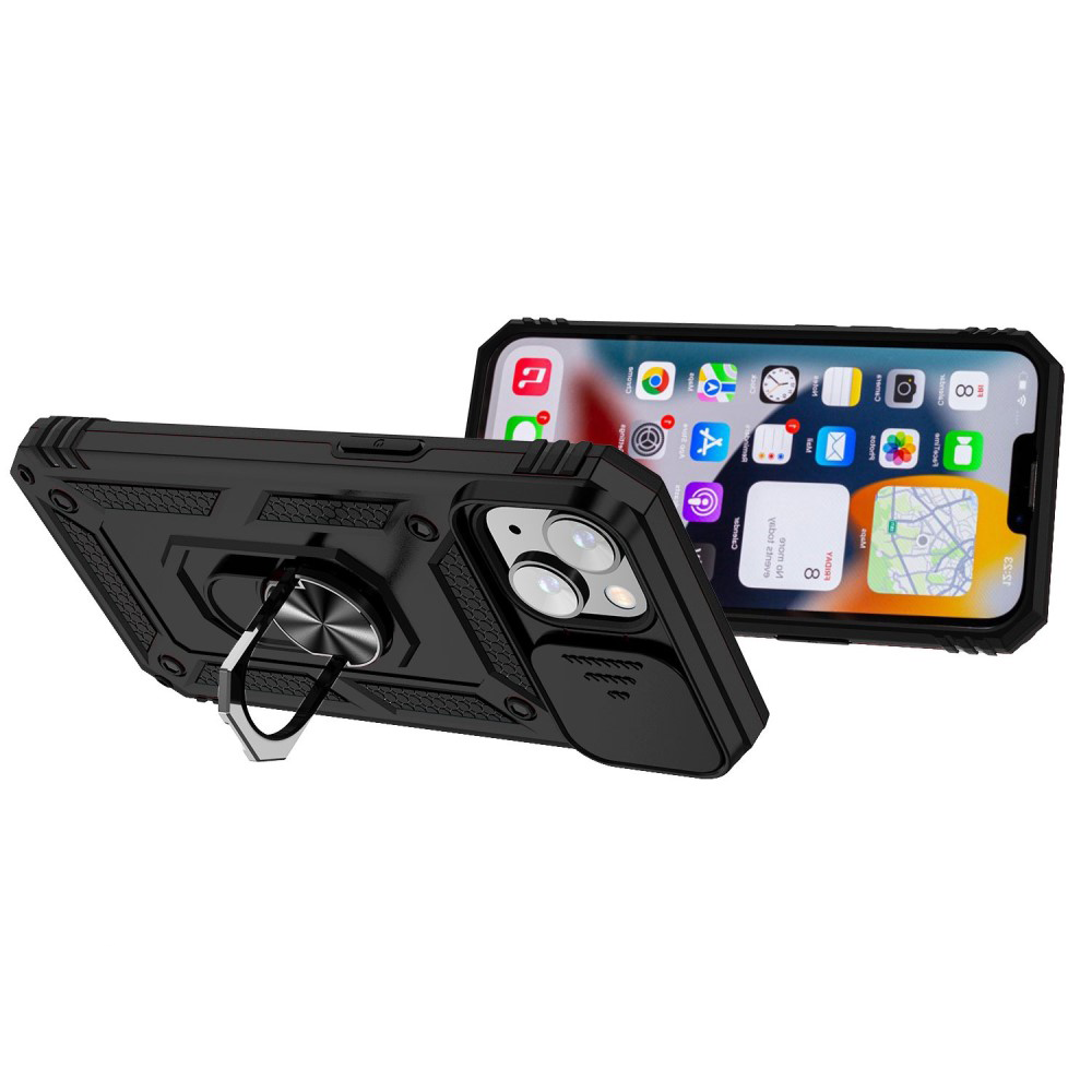 Coque de téléphone noire avec support anneau et cache-objectif, sur un iPhone.