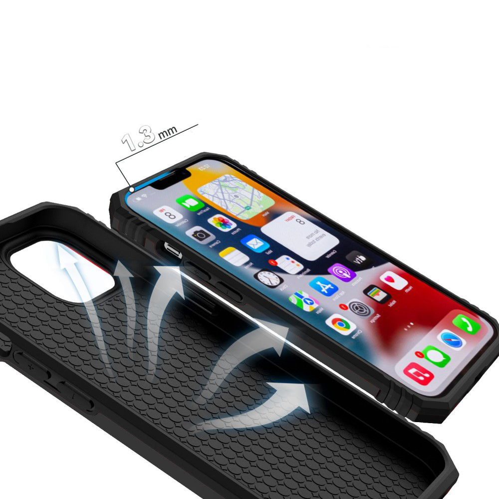Un iPhone noir avec étui est montré. Des icônes d'applications sont visibles sur l'écran.