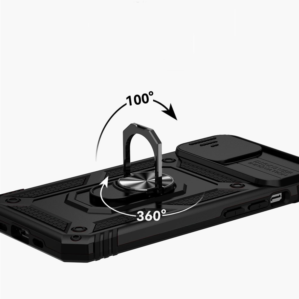 Coque noire pour téléphone avec support anneau, rotation 360 degrés.