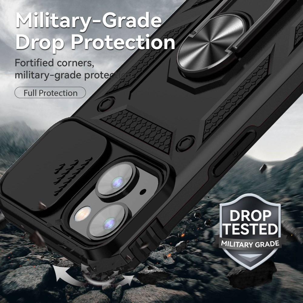 Coque de téléphone noire avec support bague et cache-objectif sur fond rocheux.