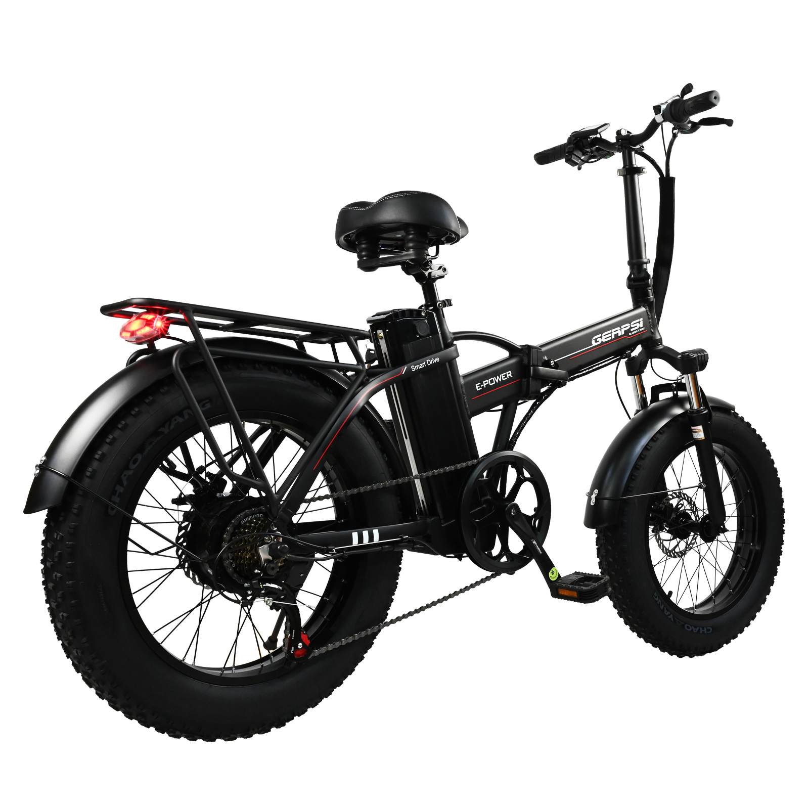 Pokazano czarny rower elektryczny typu fat bike z tylnym bagażnikiem i czerwonym światłem.