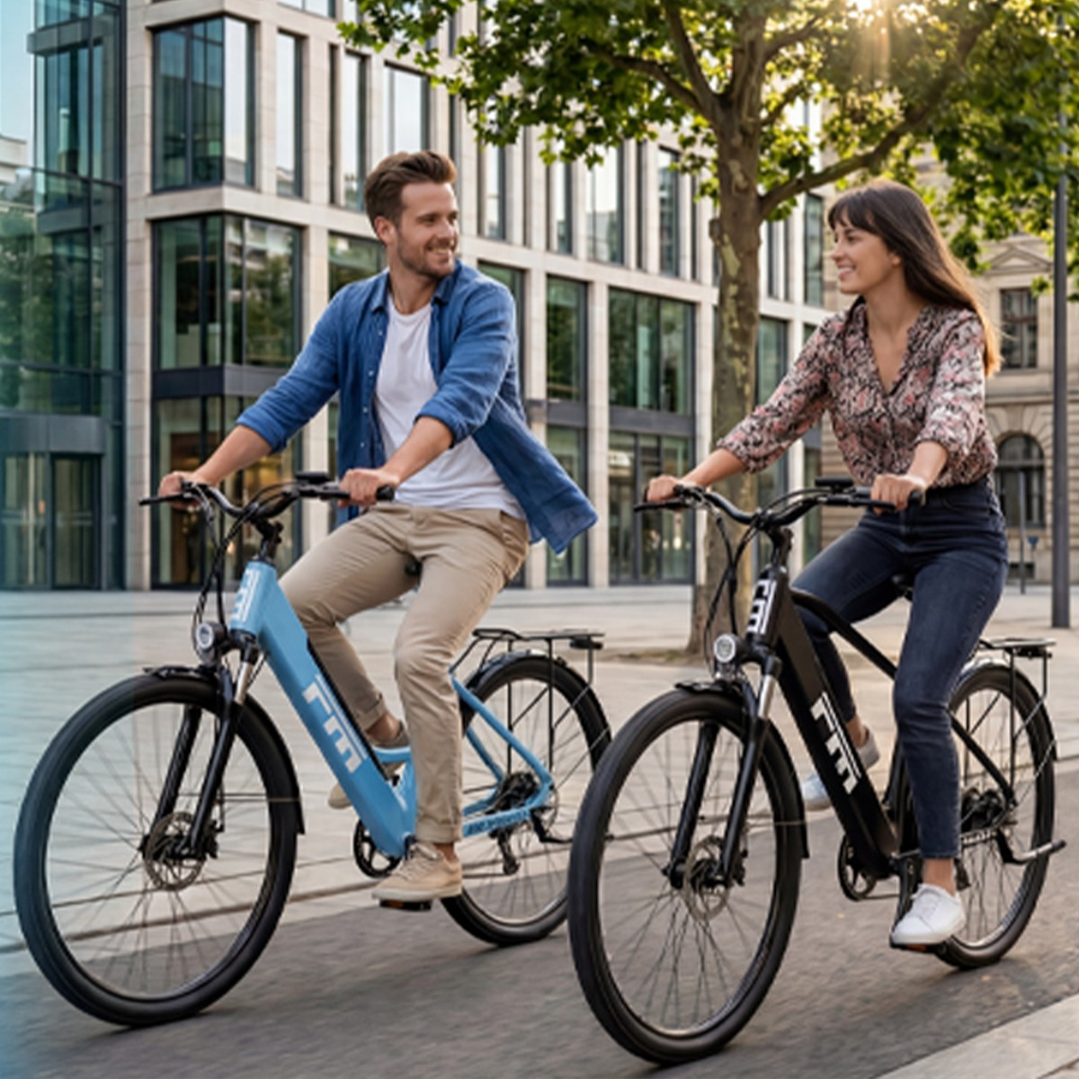 Mężczyzna i kobieta jadą na rowerach elektrycznych w mieście, budynki i drzewa.