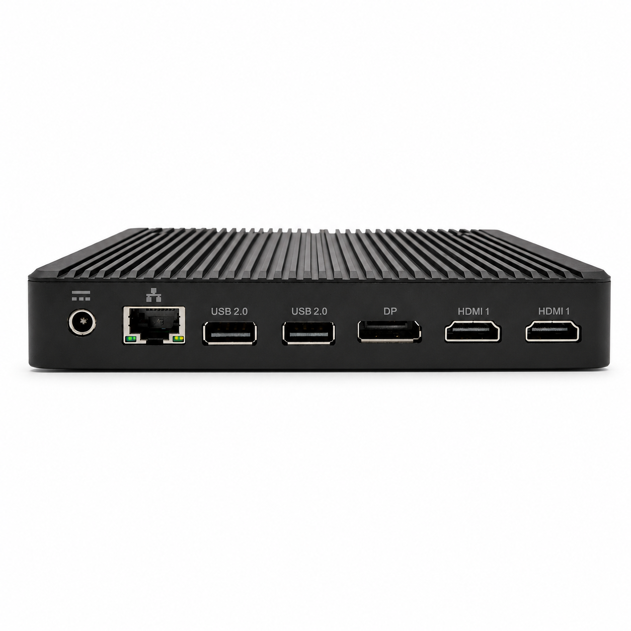 Czarna obudowa mini PC z portami: zasilanie, LAN, 2x USB 2.0, DP, 2x HDMI.