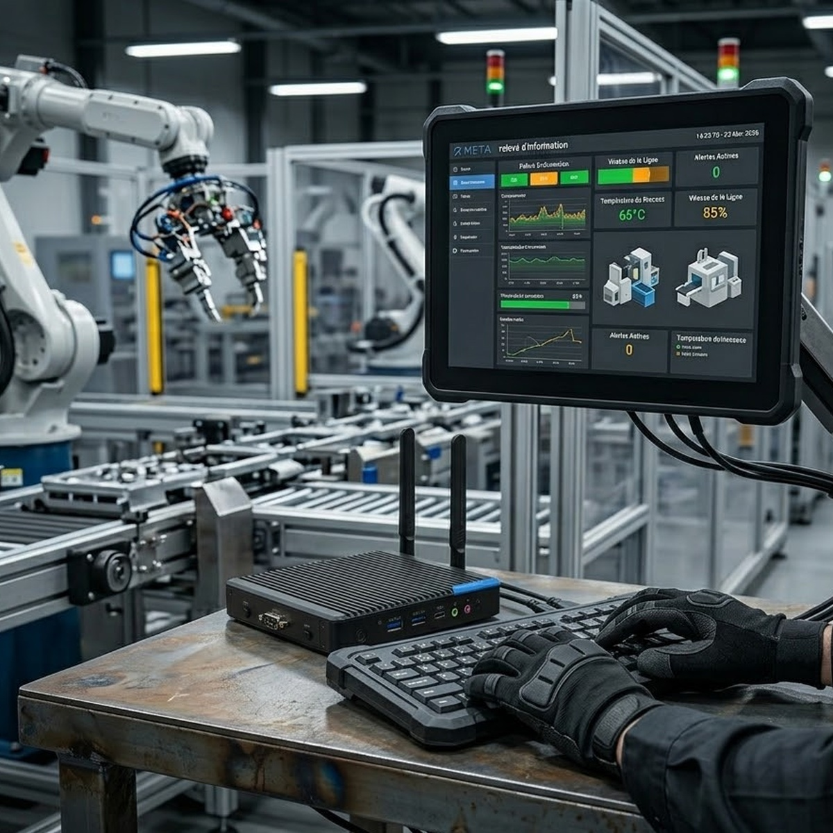 Panel sterowania fabryką z ramieniem robota i klawiaturą. Dane wyświetlane na ekranie.
