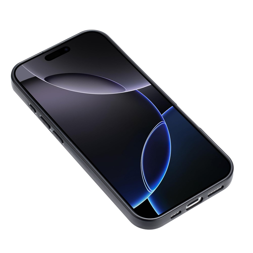 Ein schwarzes Smartphone mit einem dunklen Hintergrund und blauen Kreisen.