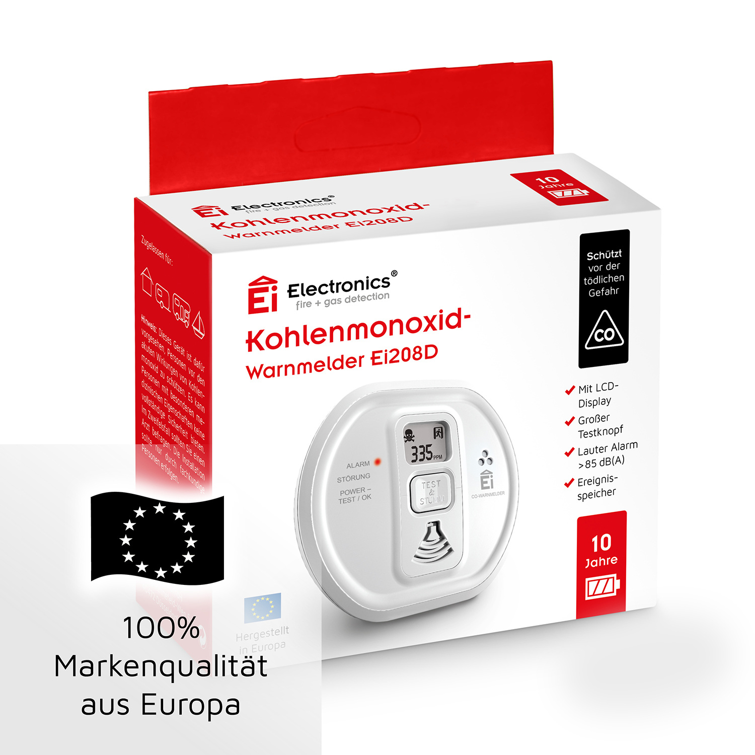 Ei Electronics Kohlenmonoxid-Warnmelder mit LCD-Display, Testknopf und 10-Jahres-Garantie.