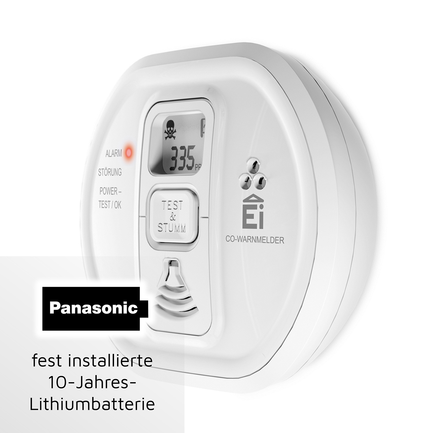 Ein weißer CO-Melder mit "Panasonic" Logo und Text "fest installierte 10-Jahres-Lithiumbatterie".