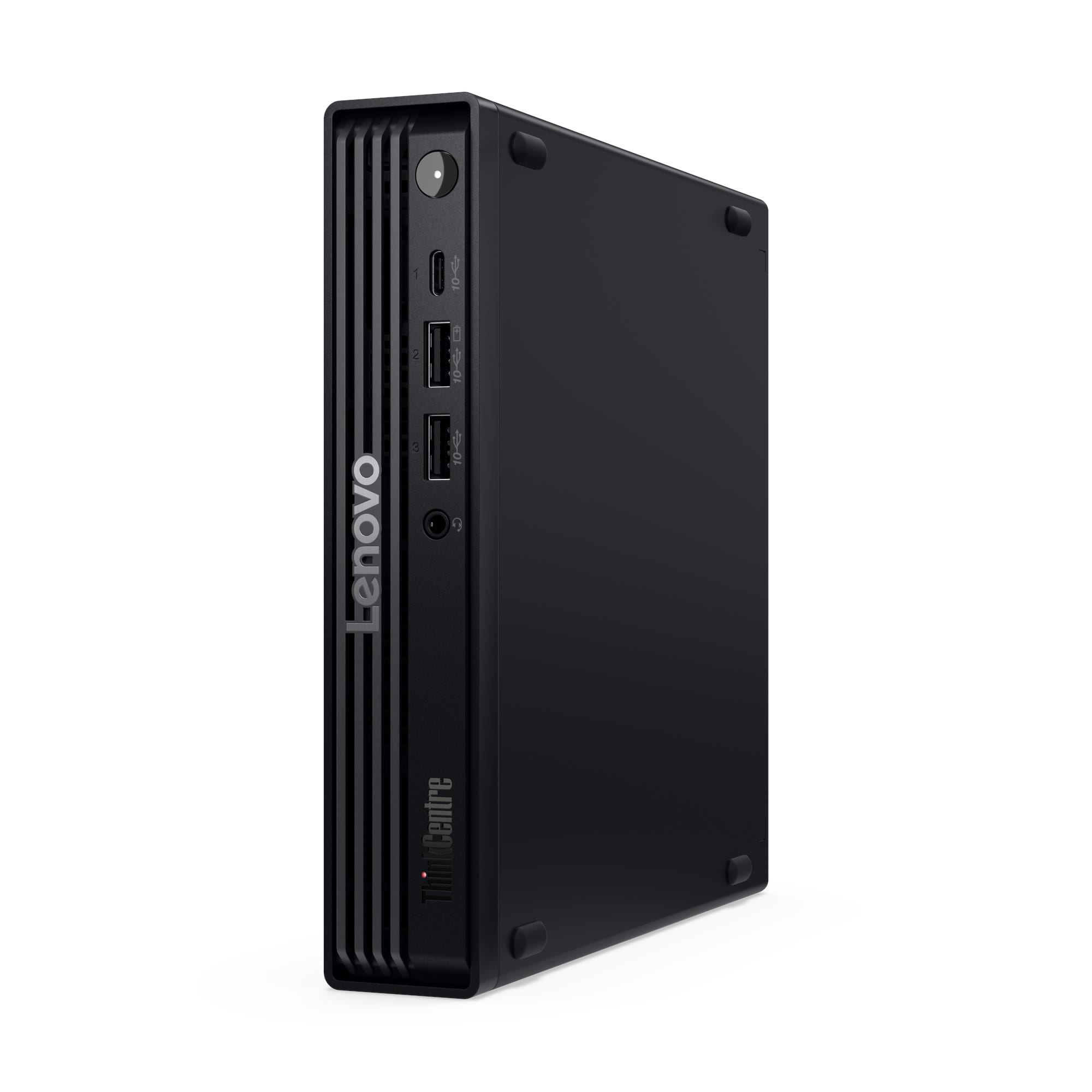 Mini PC Lenovo ThinkCentre nero con porte USB e pulsante di accensione.