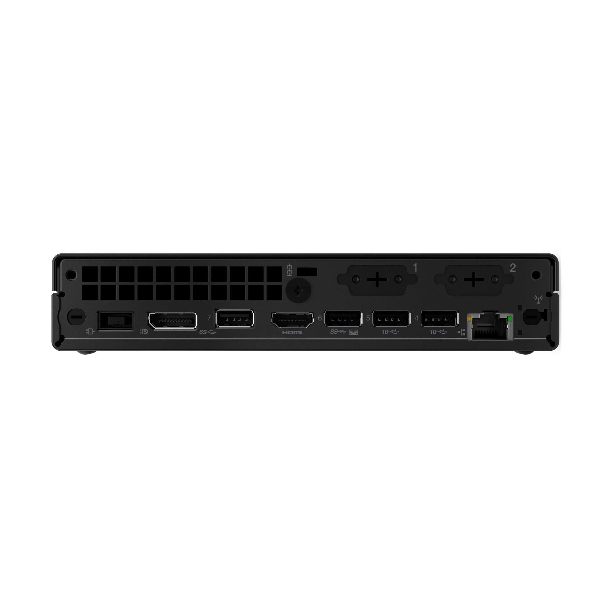 Retro di un mini PC nero con porte: USB, HDMI, Ethernet, alimentazione.