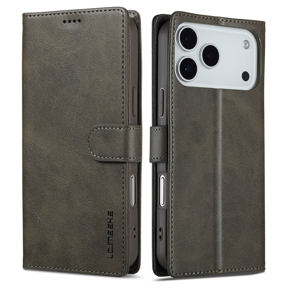 Étui de téléphone en cuir marron, ouvert avec vues avant et arrière.