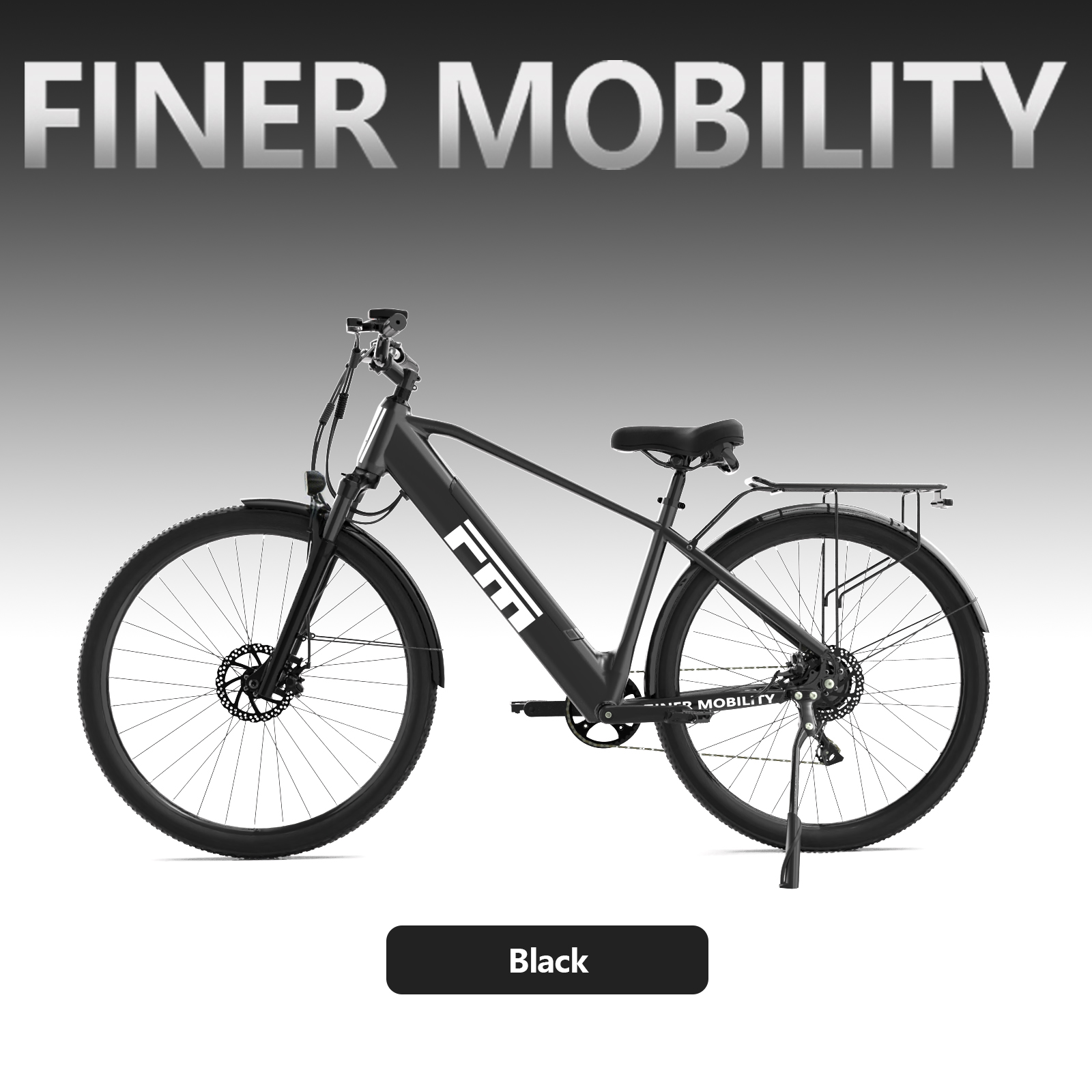 Una bicicleta eléctrica negra con portaequipajes y frenos de disco sobre fondo gris degradado.