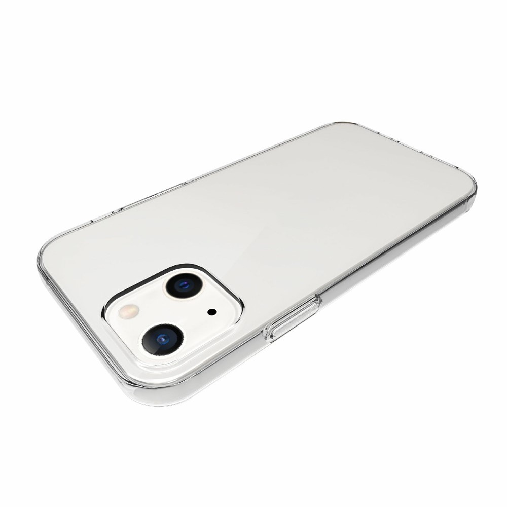 Una custodia trasparente per telefono con due fotocamere su sfondo bianco.