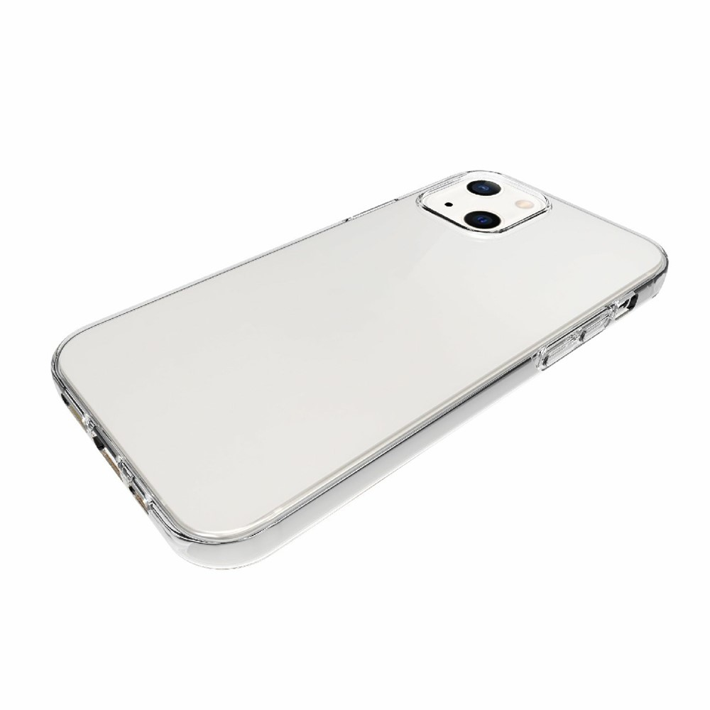 Una cover trasparente per telefono su una superficie bianca. Fotocamera visibile.