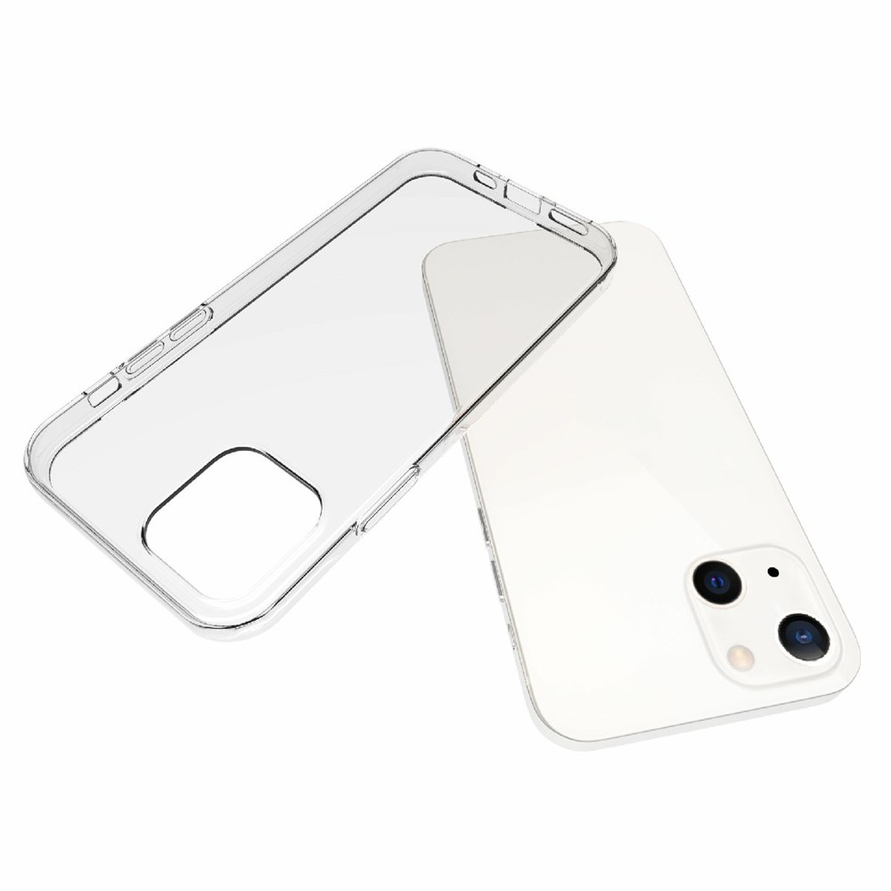 Custodia trasparente per telefono accanto a uno smartphone bianco con doppia fotocamera.