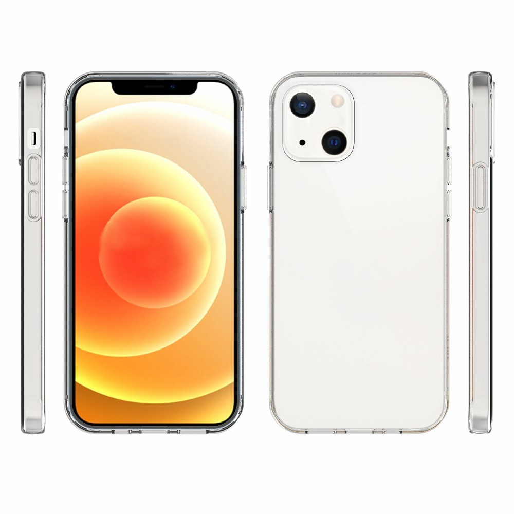 Custodia trasparente per telefono mostrata frontalmente, posteriormente e lateralmente. Fronte mostra schermo.