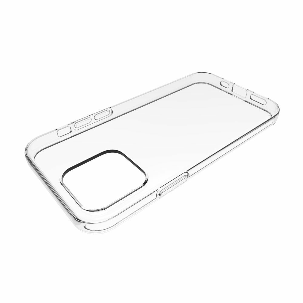 Transparente Handyhülle mit Aussparungen für Kamera und Knöpfe.