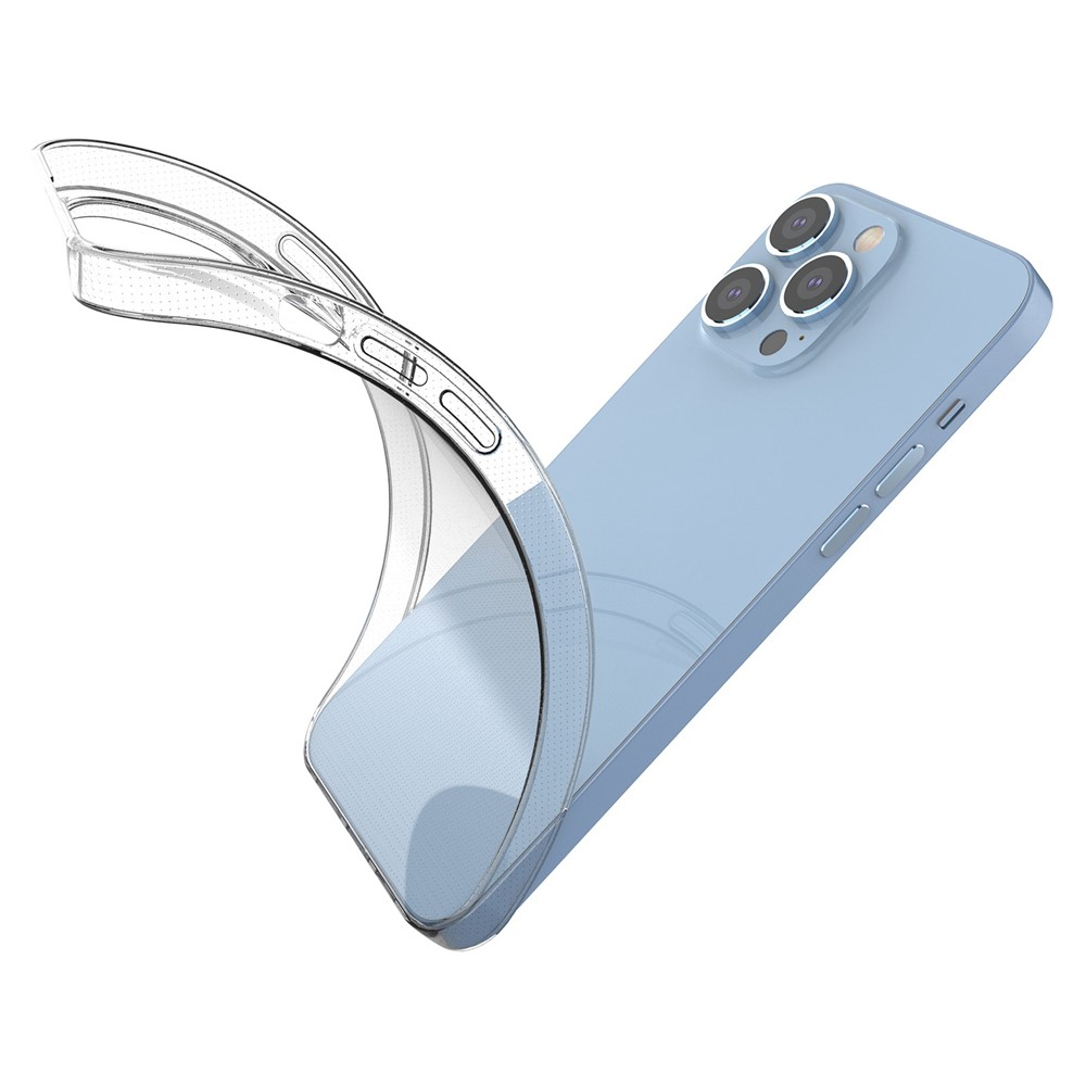 Uno smartphone blu con una custodia protettiva trasparente accanto.