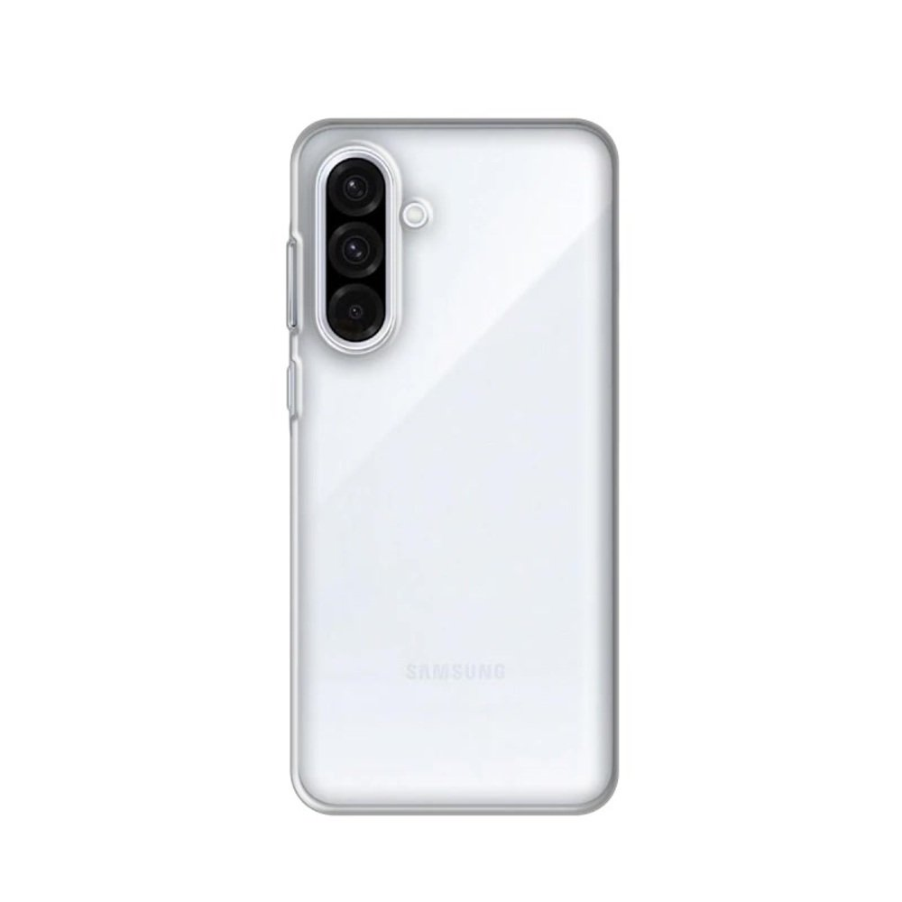 Parte trasera de un smartphone Samsung blanco con tres cámaras y el logo de Samsung.