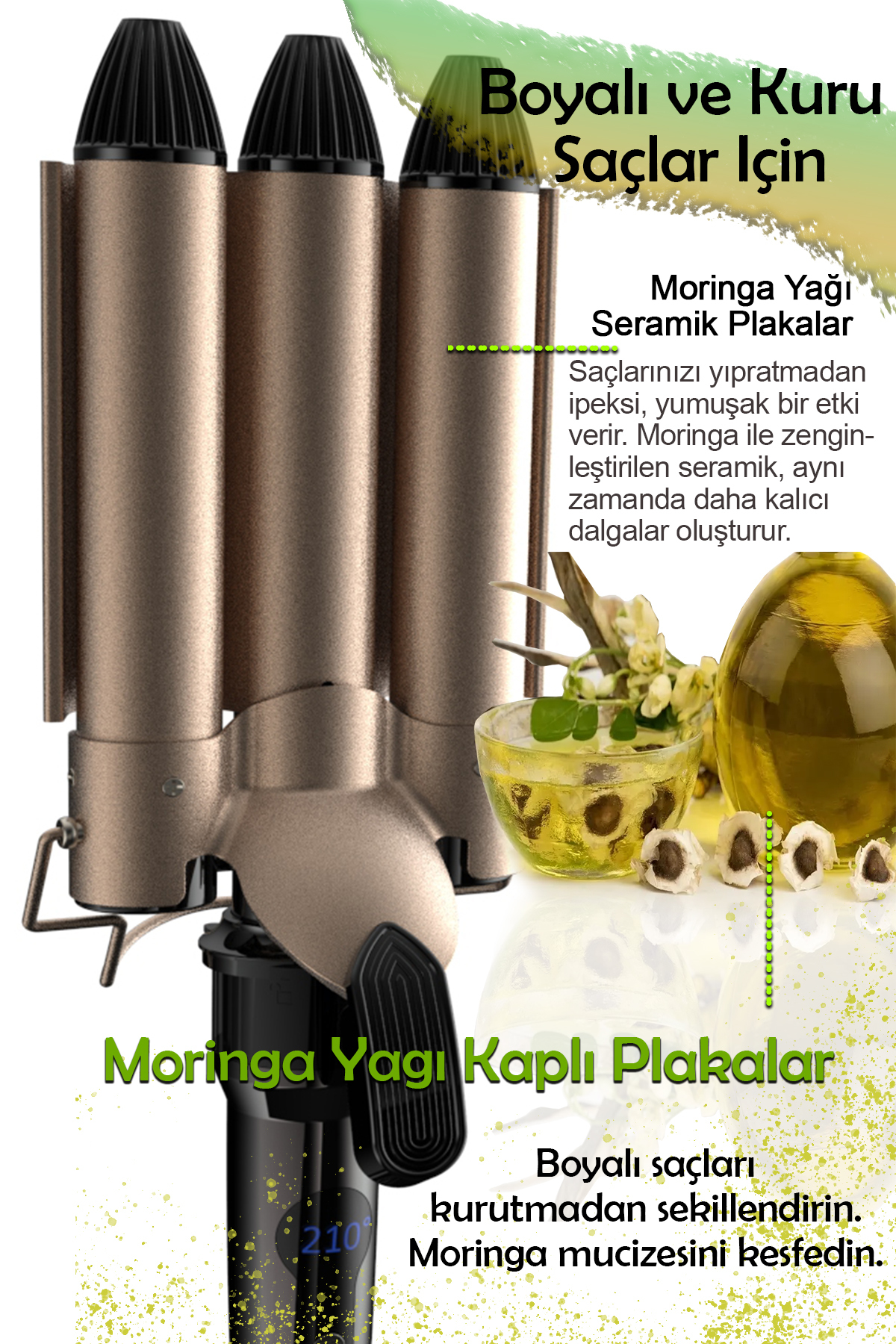 Moringa yağlı seramik plakalı üçlü dalga maşası.