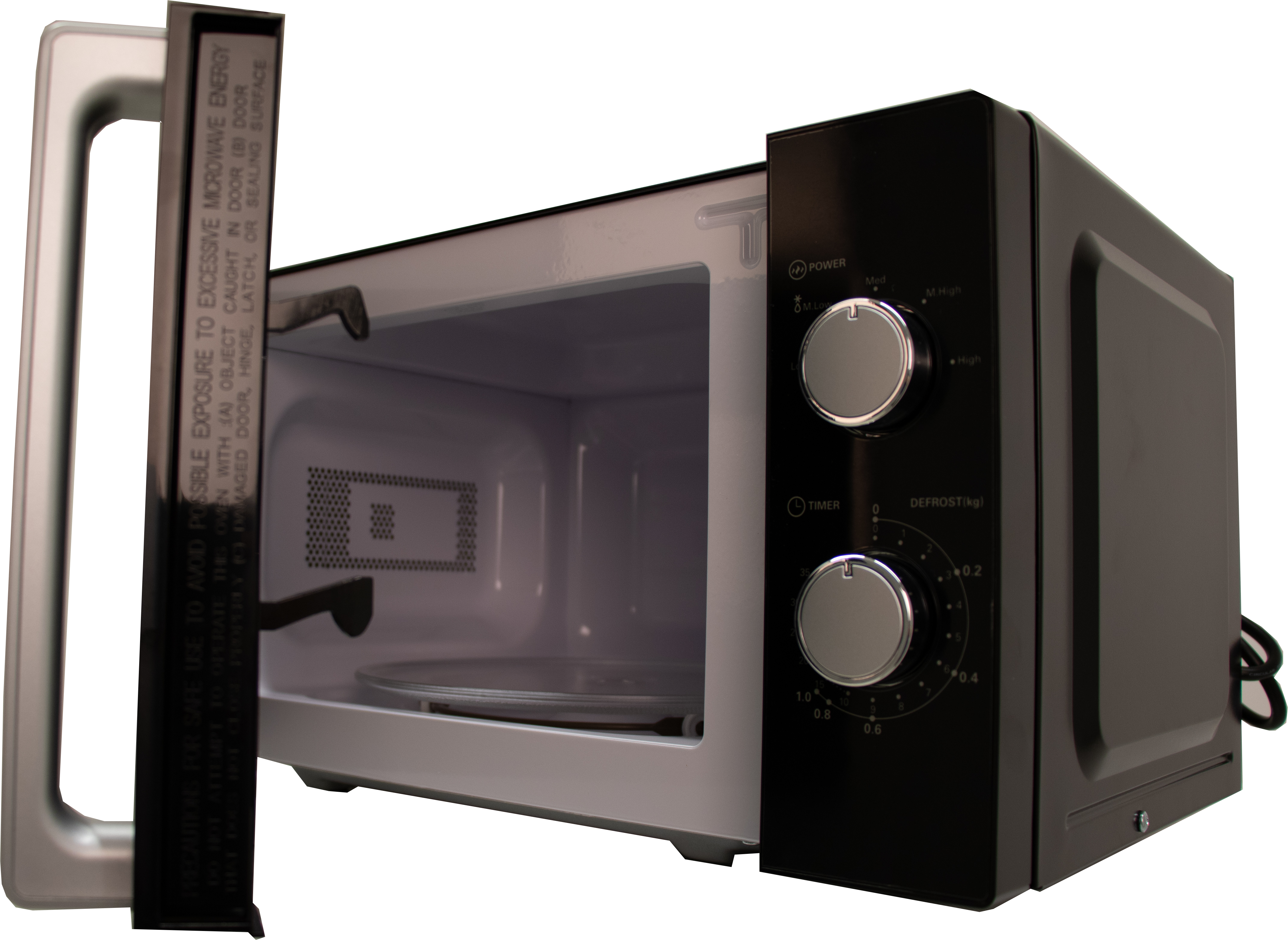 Zwarte magnetron met open deur, zilveren handvat en bedieningsknoppen.