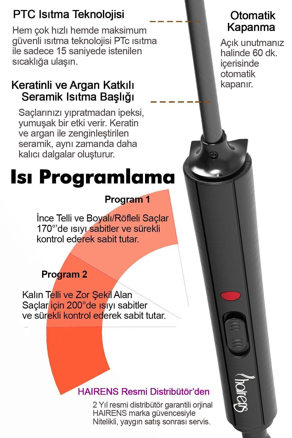 PTC ısıtmalı, keratin-argan başlıklı ve iki ısı programlı saç düzleştirici.