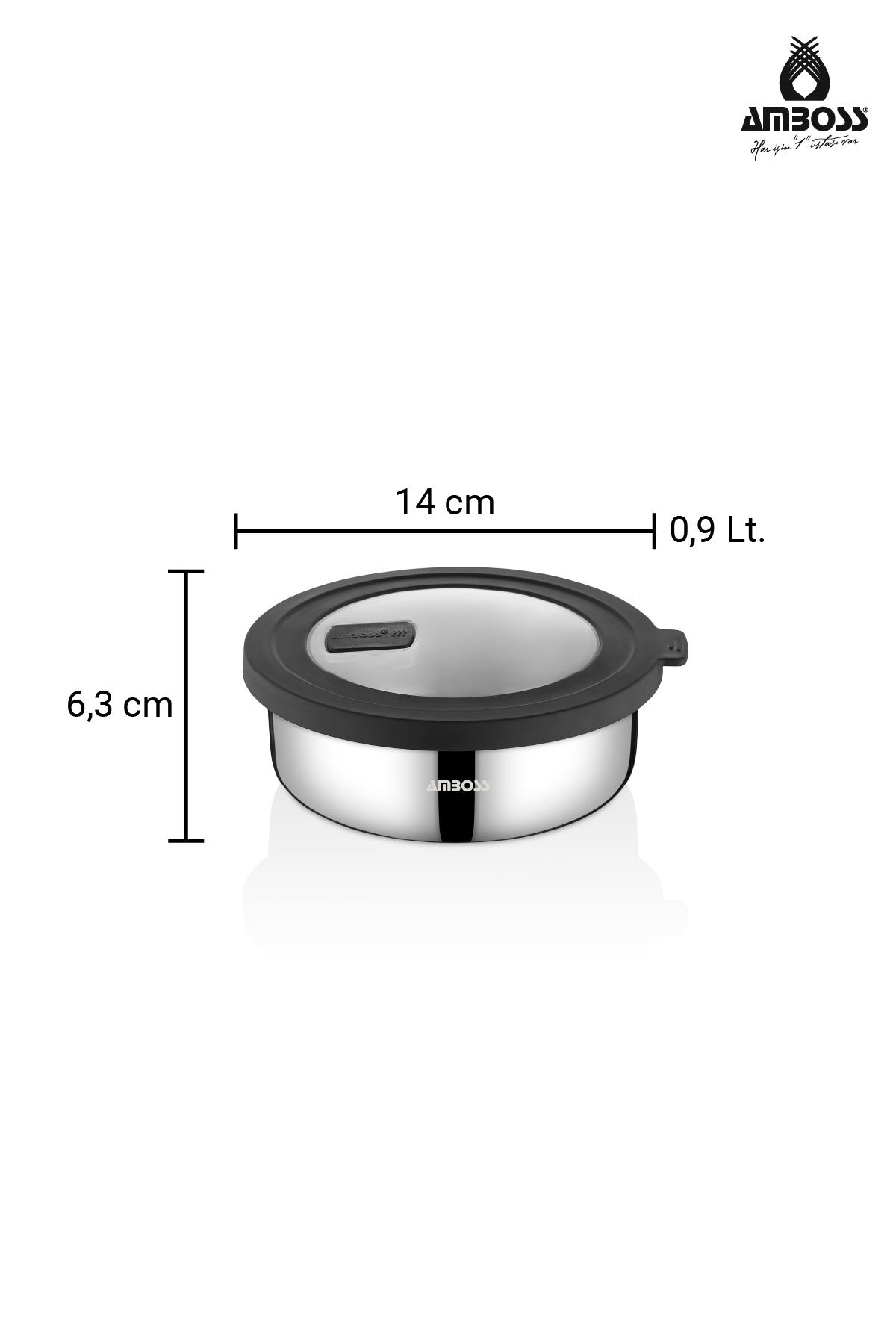 14 cm eninde, 6,3 cm yüksekliğinde, cam kapaklı çelik tencere, 0,9 L.
