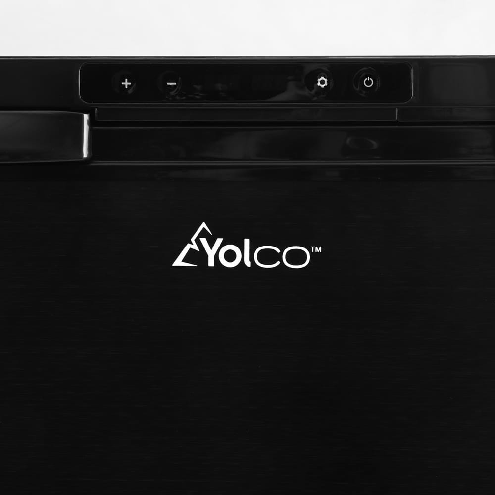 Czarny panel sterowania z logo Yolco i ikonami plus, minus, ustawień oraz zasilania.