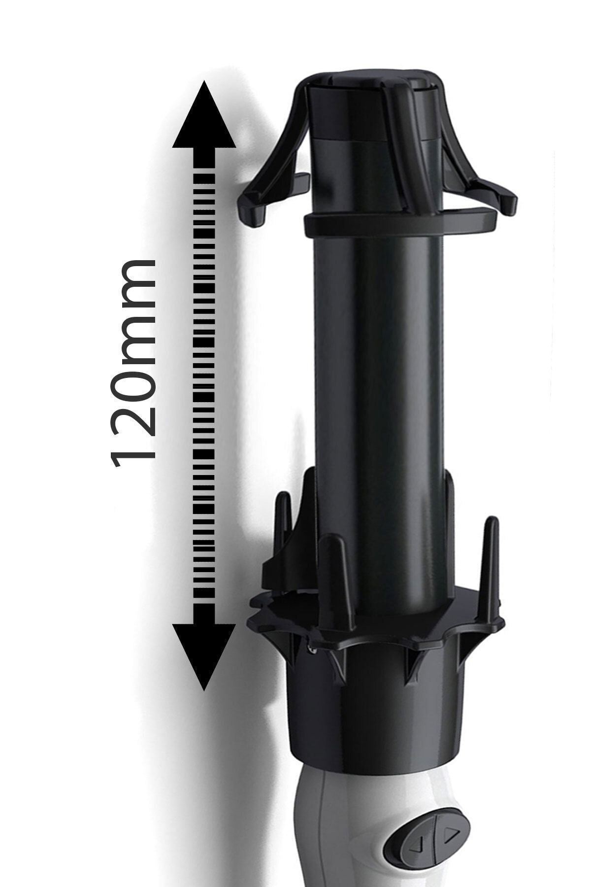 Yanında 120 mm'lik bir ölçek bulunan siyah bir cihaz.