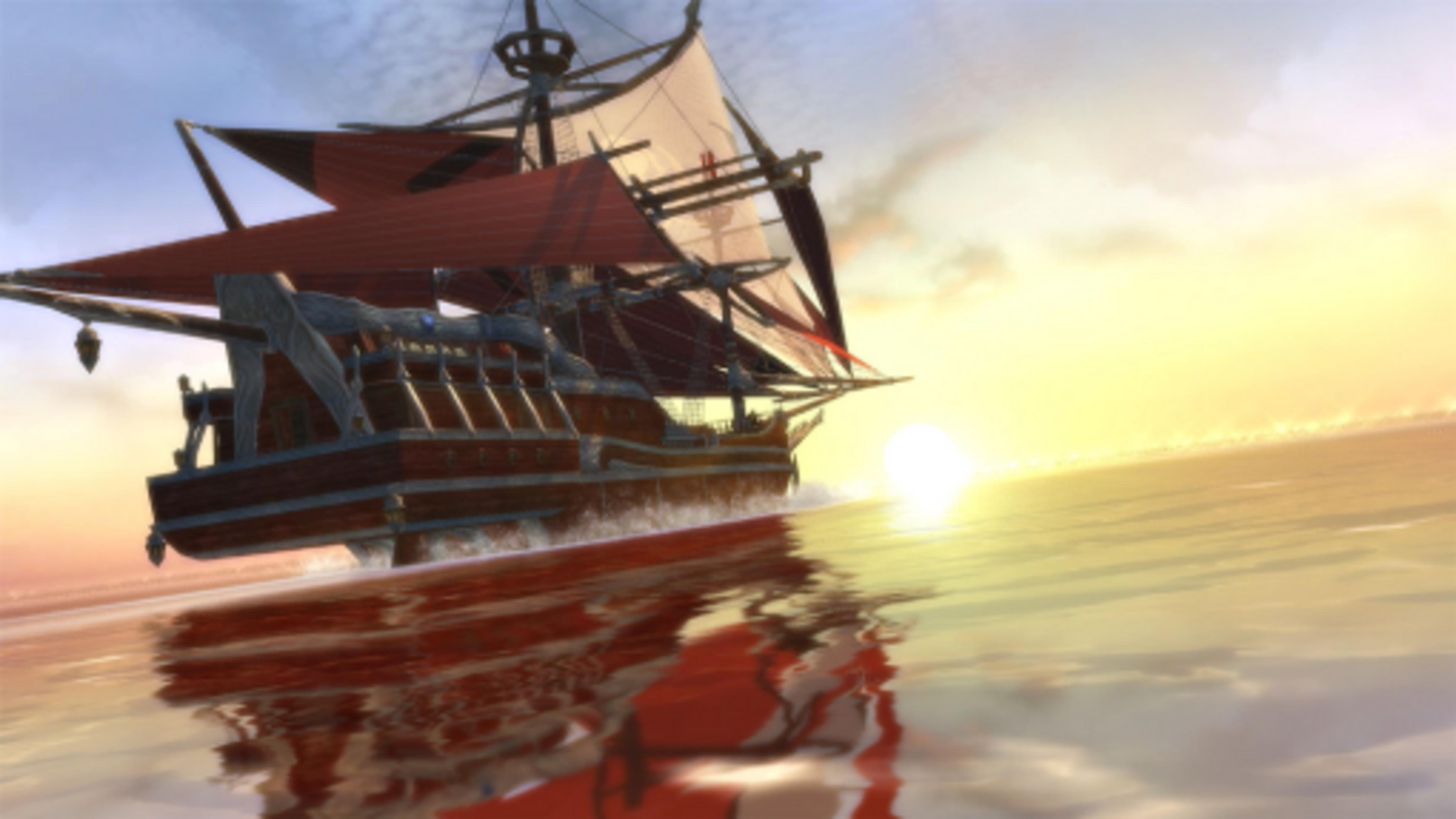 Un voilier aux voiles rouges navigue sur la mer au coucher du soleil.
